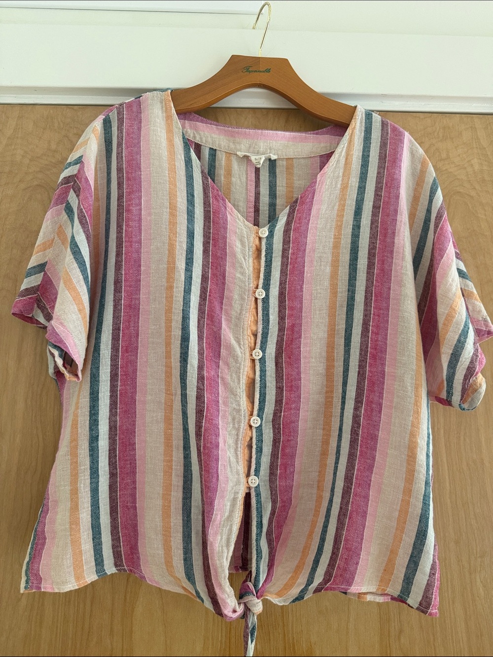 Breezy Sunset Striped Linen Blend Blouse, BeachLunchLounge, Small